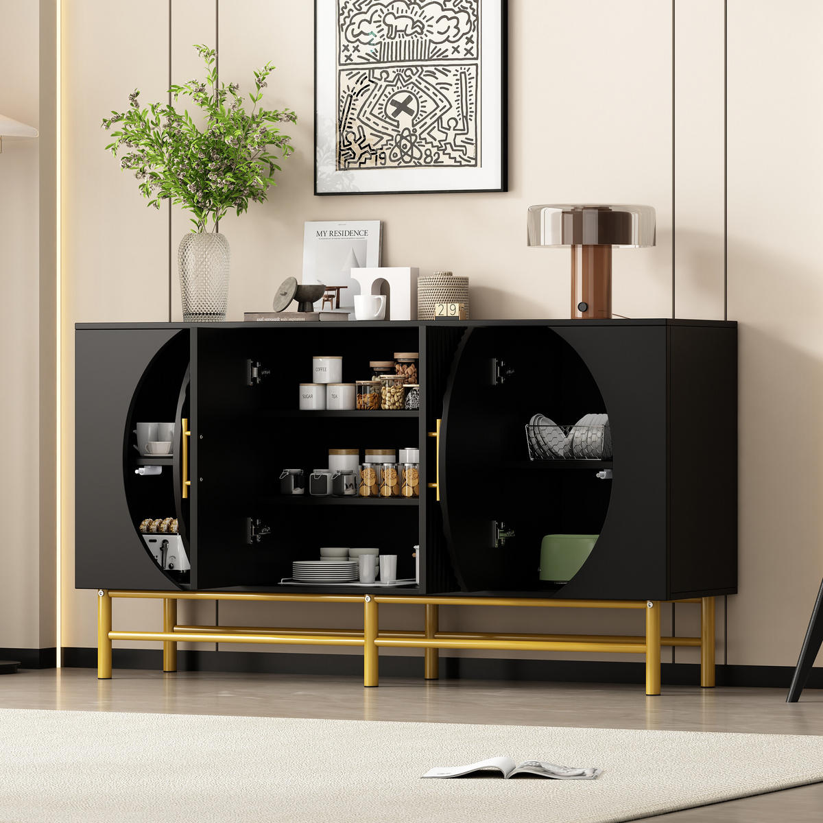 SIDEBOARD mit geriffelten Türen und goldenen Beinen Schwarz - Schwarz, Holzwerkstoff/Metall (40/81.5/145cm) - Urban Meuble