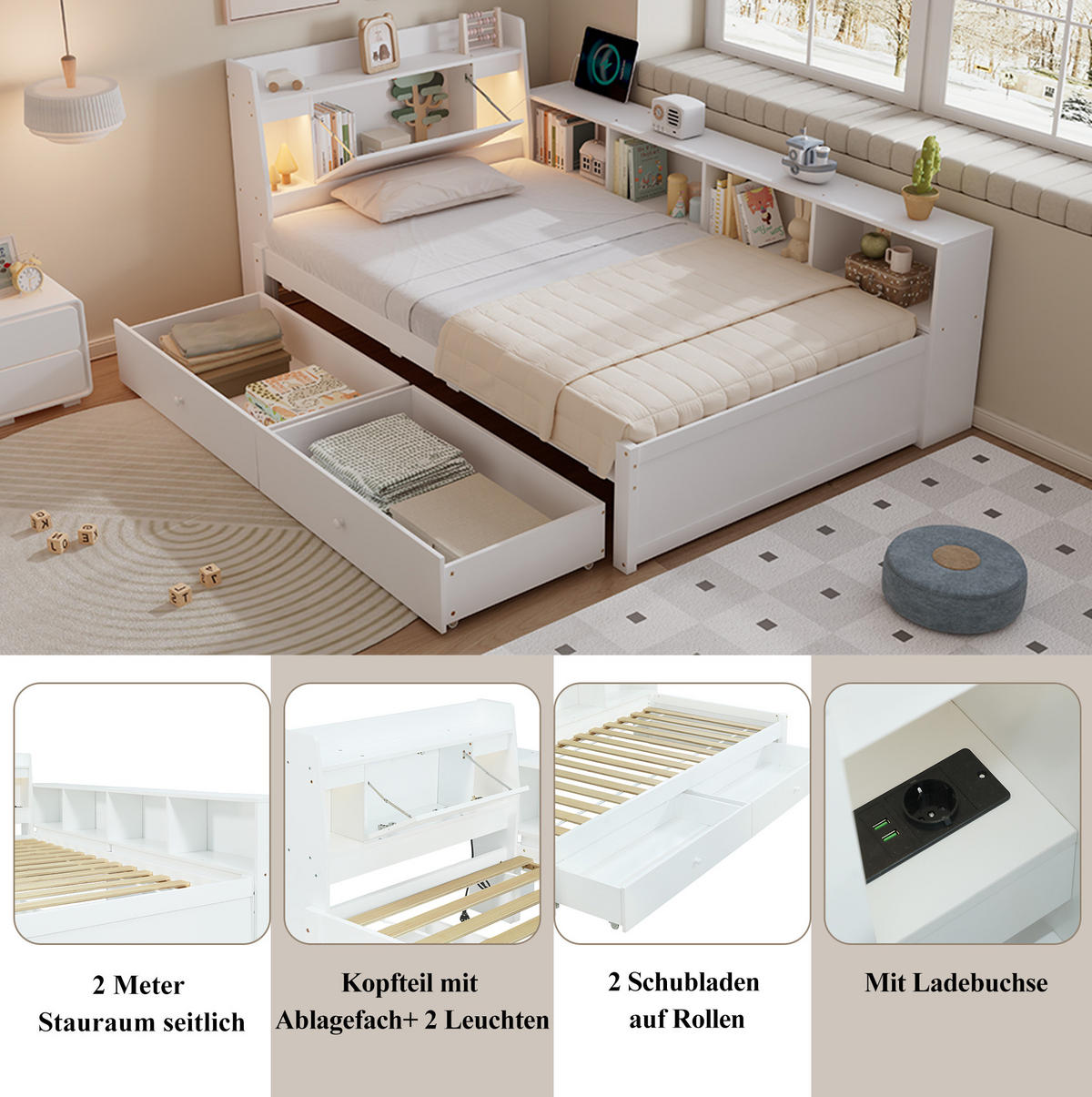 BETT 90/200 cm mit Kopfteil, Stauraum und Ladebuchse in Weiß, inkl. Lattenrost - Weiß, Holz (90/200cm) - BEAOK