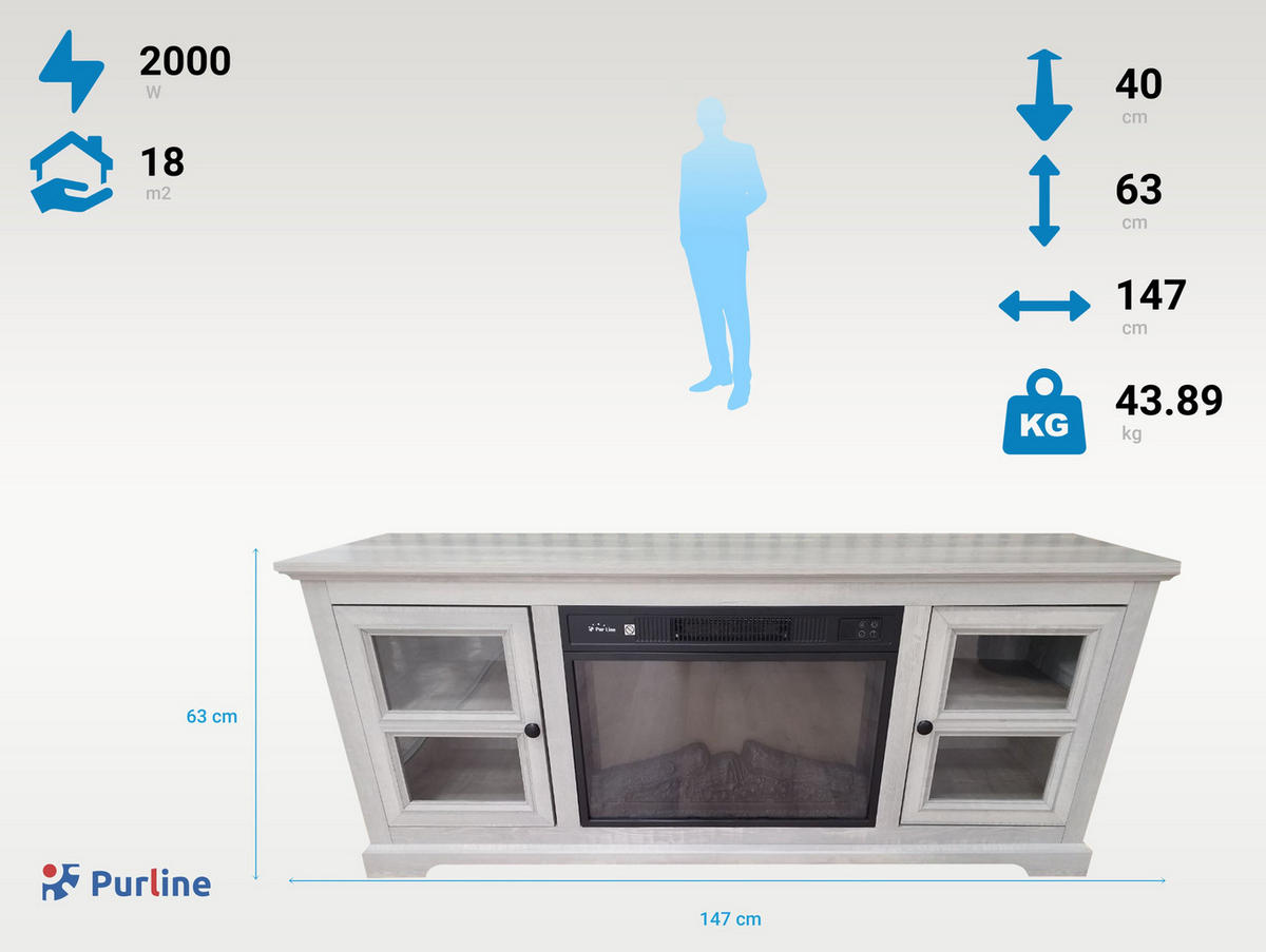 ELEKTROKAMIN in rustikaler Anrichte Grau mit elektrischem Kamin und Heizung 2000 W - Grau, Glas (147/63/40cm) - Purline