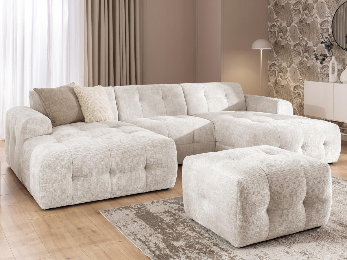 POLSTERHOCKER mit raffinierten Steppungen, zu passendem Sofa, Wellenunterfederung, Chenille-Bezug Beige / 21053 - Beige/Schwarz, Kunststoff/Textil (87/46/68cm) - luma-home