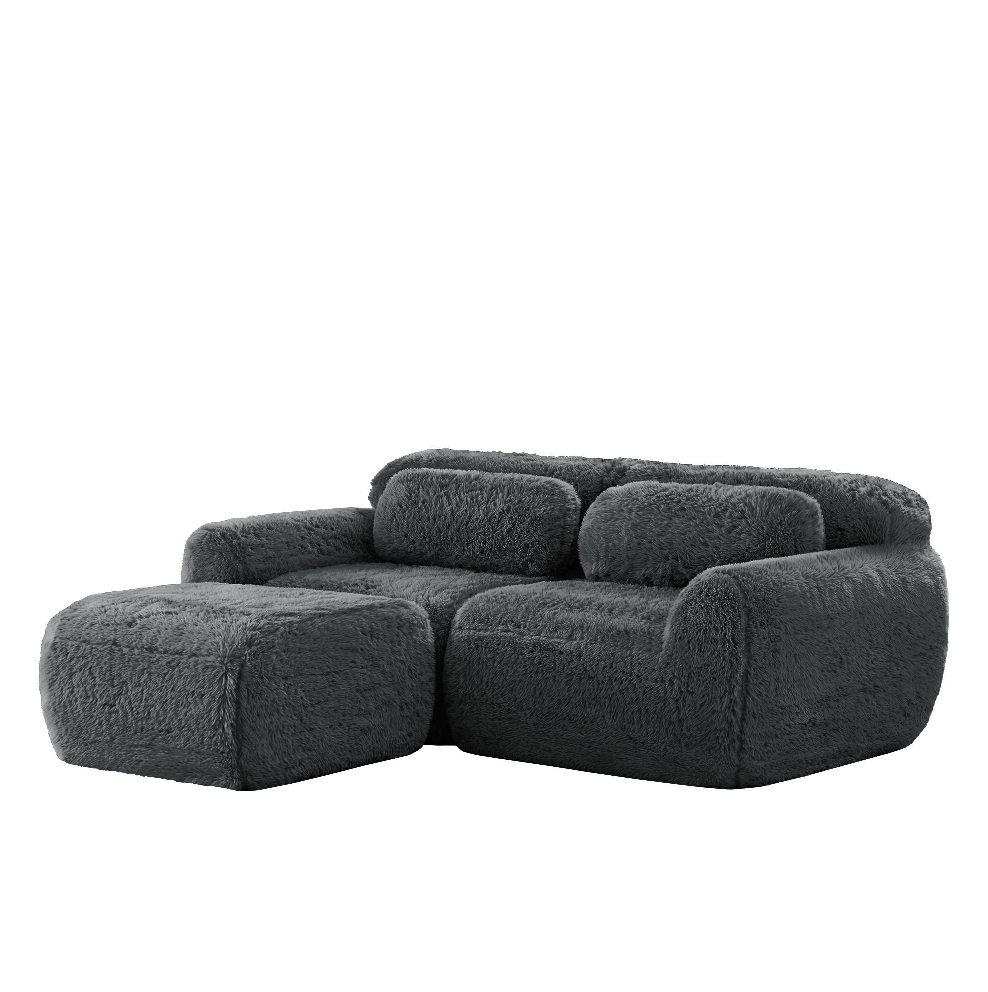 ECKSOFA aus Plüsch in Grau mit Ottoman - Grau, Textil (179/104/204cm) - Modfu