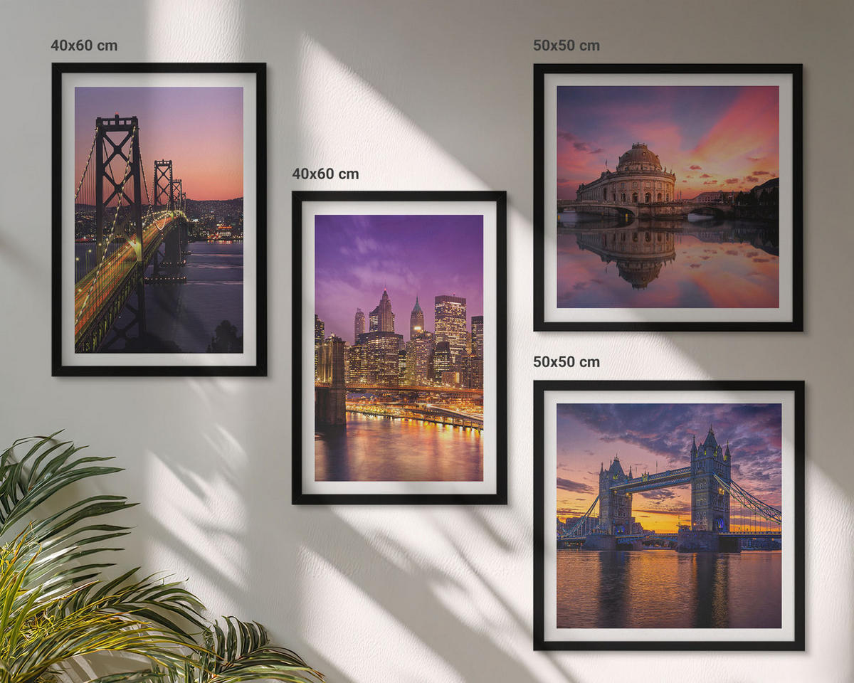 BILDER SET 4er Set - 50x50 cm & 40x60 cm Schwarzer Rahmen - Brücken, Sonne, Stadtblick - Schwarz, Kunststoff (50/50cm) - TULUP