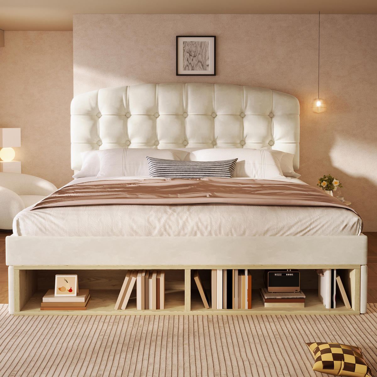 POLSTERBETT 140/200 cm in Beige mit Schubladen, Regal und Lattenrost Samt - Beige, Holzwerkstoff/Textil (140/200cm) - STILVORA