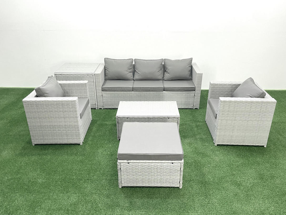 GARTENMÖBELSET mit 3-SITZER SOFA,COUCHTISCH Polyrattan Hellgrau-Mix 6-Sitzer - Hellgrau/Grau, Glas/Kunststoff - Fimous