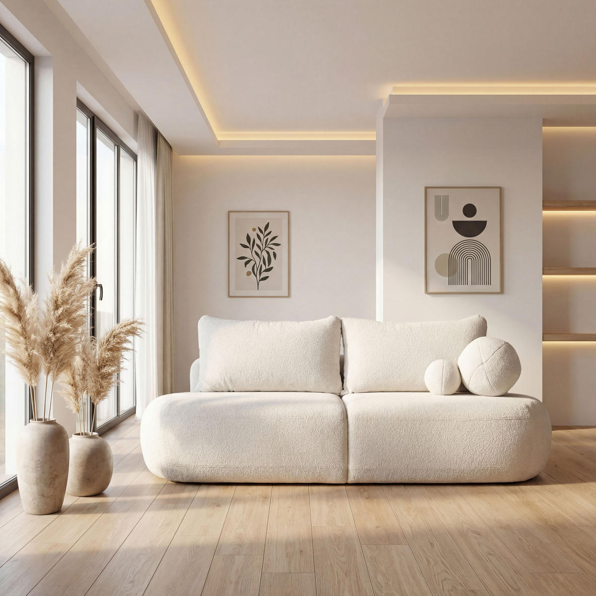 SCHLAFSOFA Bolla 3-Sitzer mit Bettkasten, Creme Boucle 240/90/90 cm - Creme/Schwarz, Kunststoff/Textil (240/90/90cm) - WFL GROUP