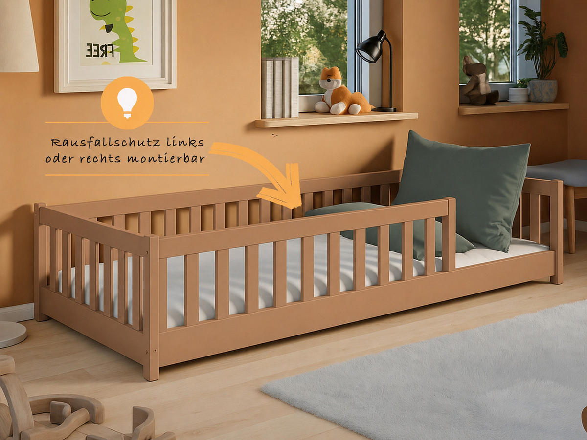 BODENBETT 90x190 cm in Zimt mit Matratze - Braun, Holz (90/190cm) - Kids Collective