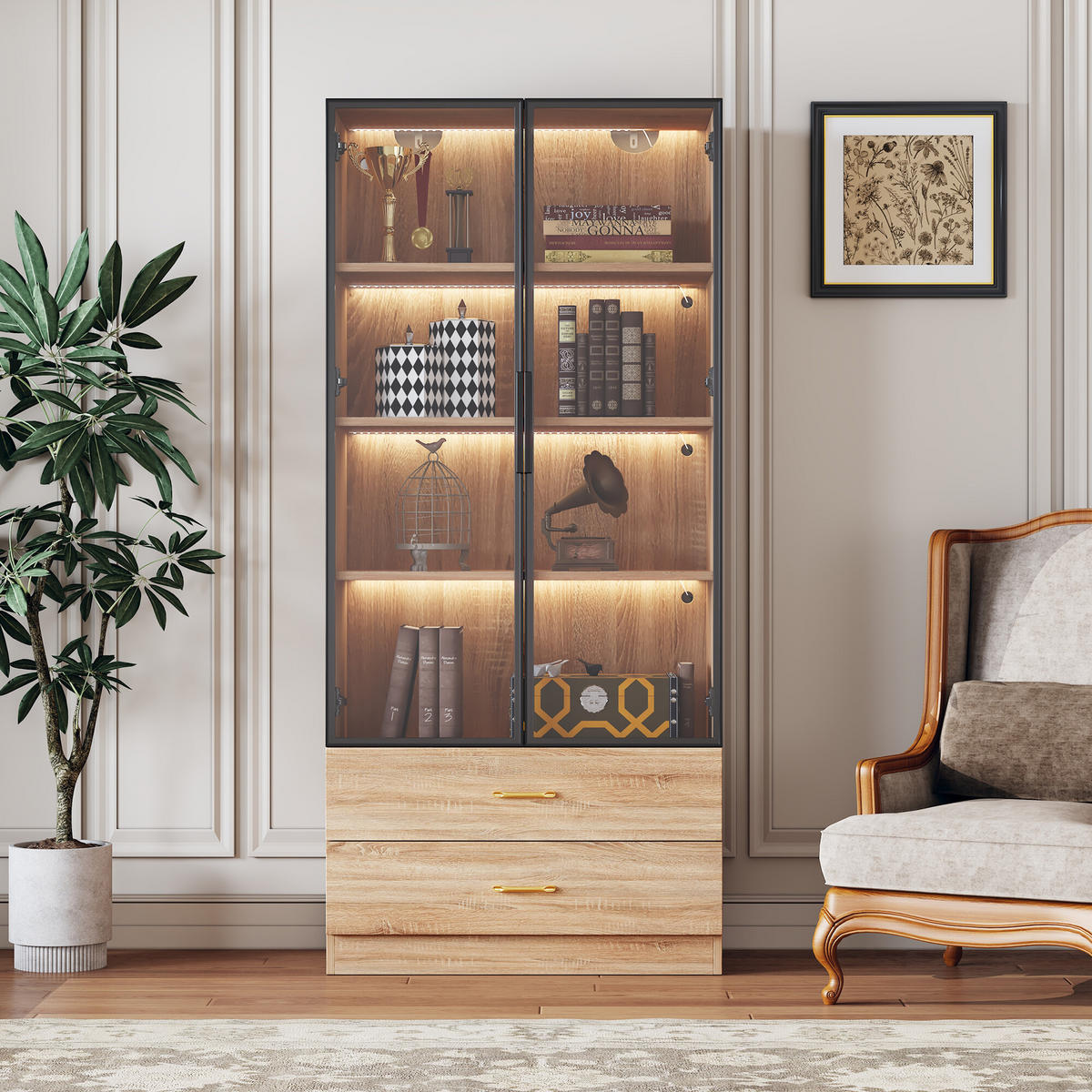 VITRINENSCHRANK mit 2 Schubladen und 2 Türen 74/34.5/170 cm - Braun, Glas/Holzwerkstoff (34/170/70cm) - Urban Meuble