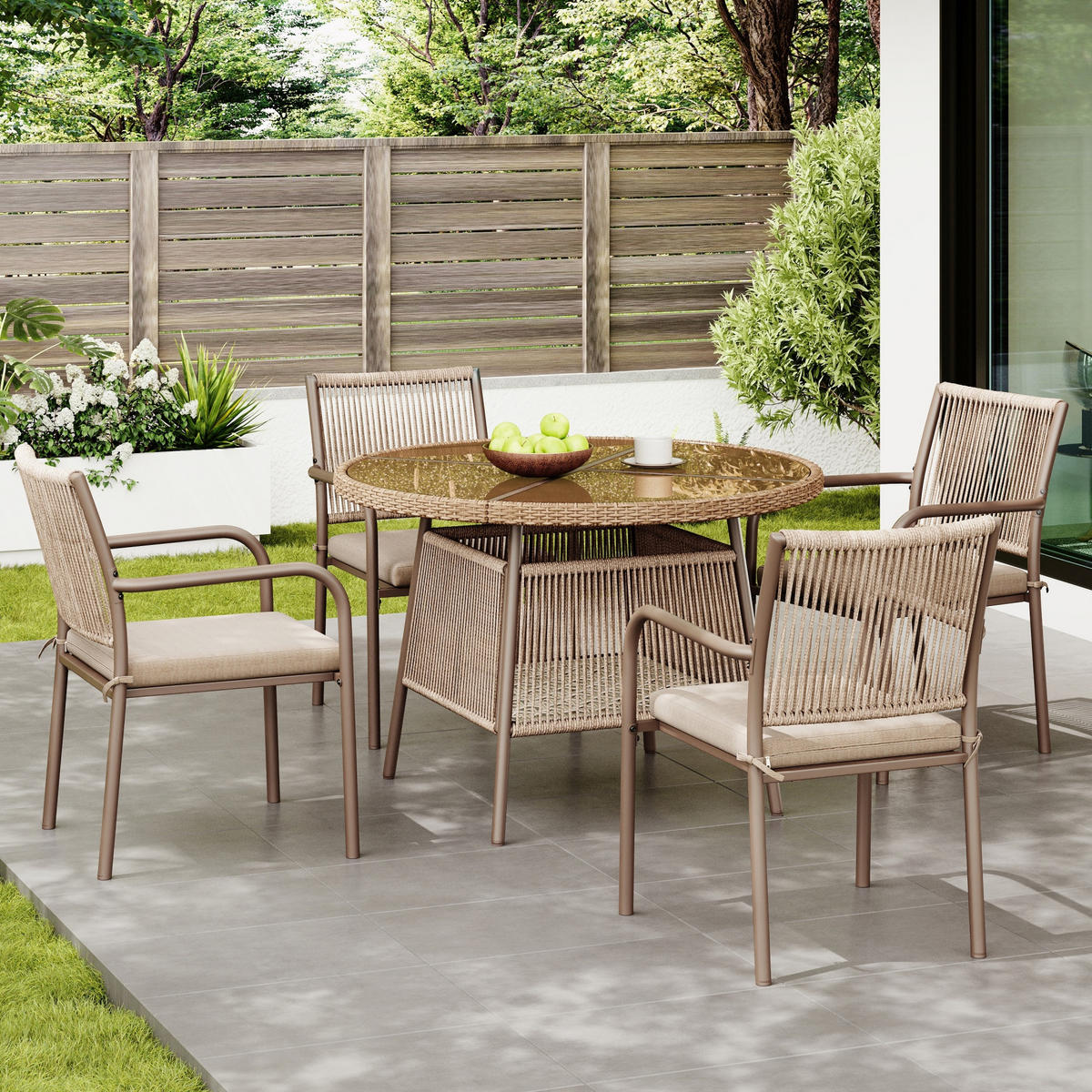 GARTENSET Rattan Tisch 4 Stühle rund Glas - Braun, Glas - LEBENLANG