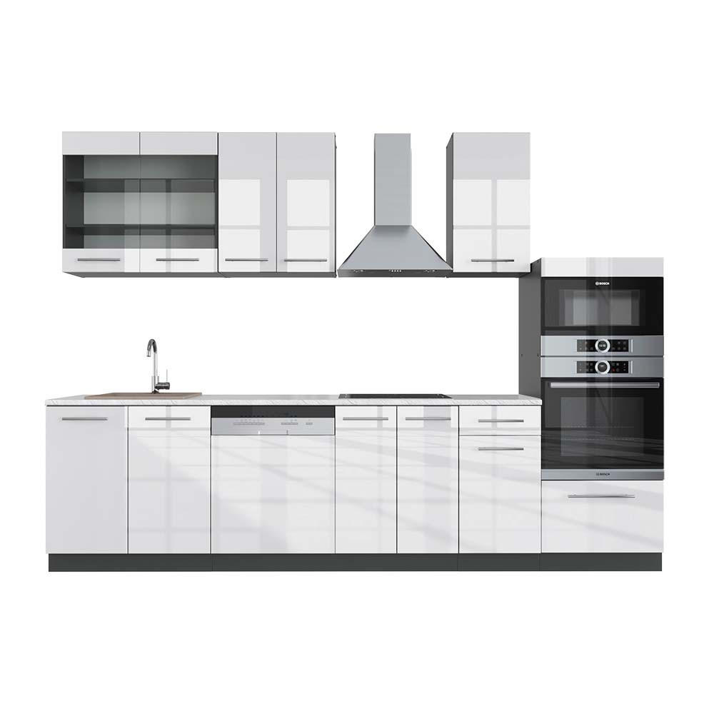 KÜCHENZEILE Fame-Line Weiß Hochglanz/Anthrazit 300 cm mit Hochschrank AP Marmor - Weiß Hochglanz/Anthrazit, Holzwerkstoff (300/81.6/60cm) - Vicco