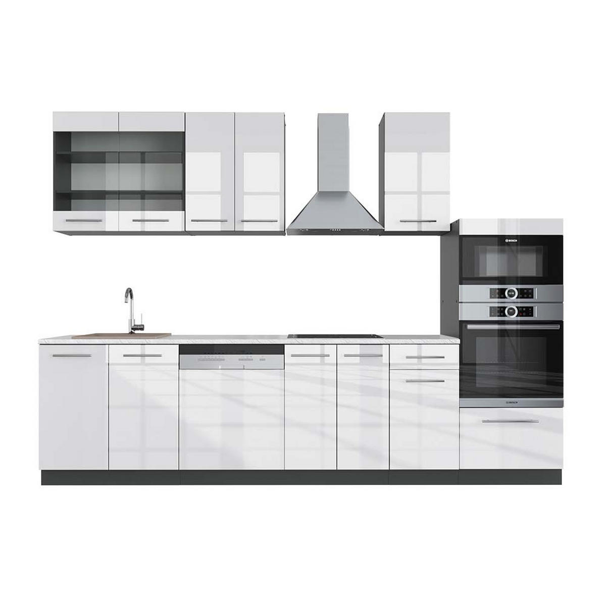 KÜCHENZEILE Fame-Line Weiß Hochglanz/Anthrazit 300 cm mit Hochschrank AP Marmor - Weiß Hochglanz/Anthrazit, Holzwerkstoff (300/81.6/60cm) - Vicco