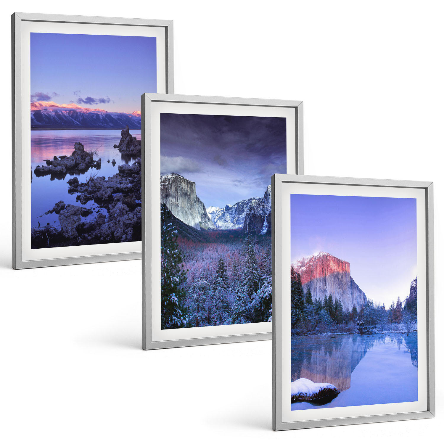 BILDER SET 3er Set - 40x60 cm Silberner Rahmen - Berglandschaften, Sonnenuntergang, Wasser - Silberfarben, Kunststoff (40/60cm) - TULUP