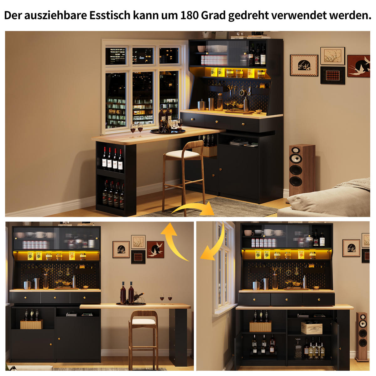 BUFFET LED Glas Türen Schwarz - Schwarz, Glas (137/177.7/74cm) - FLIEKS