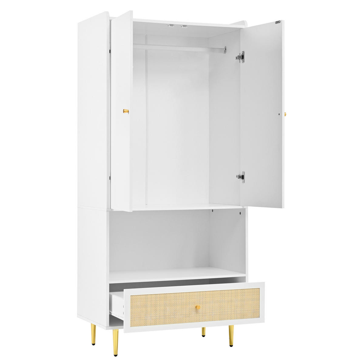 KLEIDERSCHRANK aus Spanplatte 48x80x175 cm Weiß/Natur mit 2 Türen, Schublade und Kleiderstange mit PE-Rattan-Fronten - Naturfarben, Holzwerkstoff (80/175/48cm) - Modfu