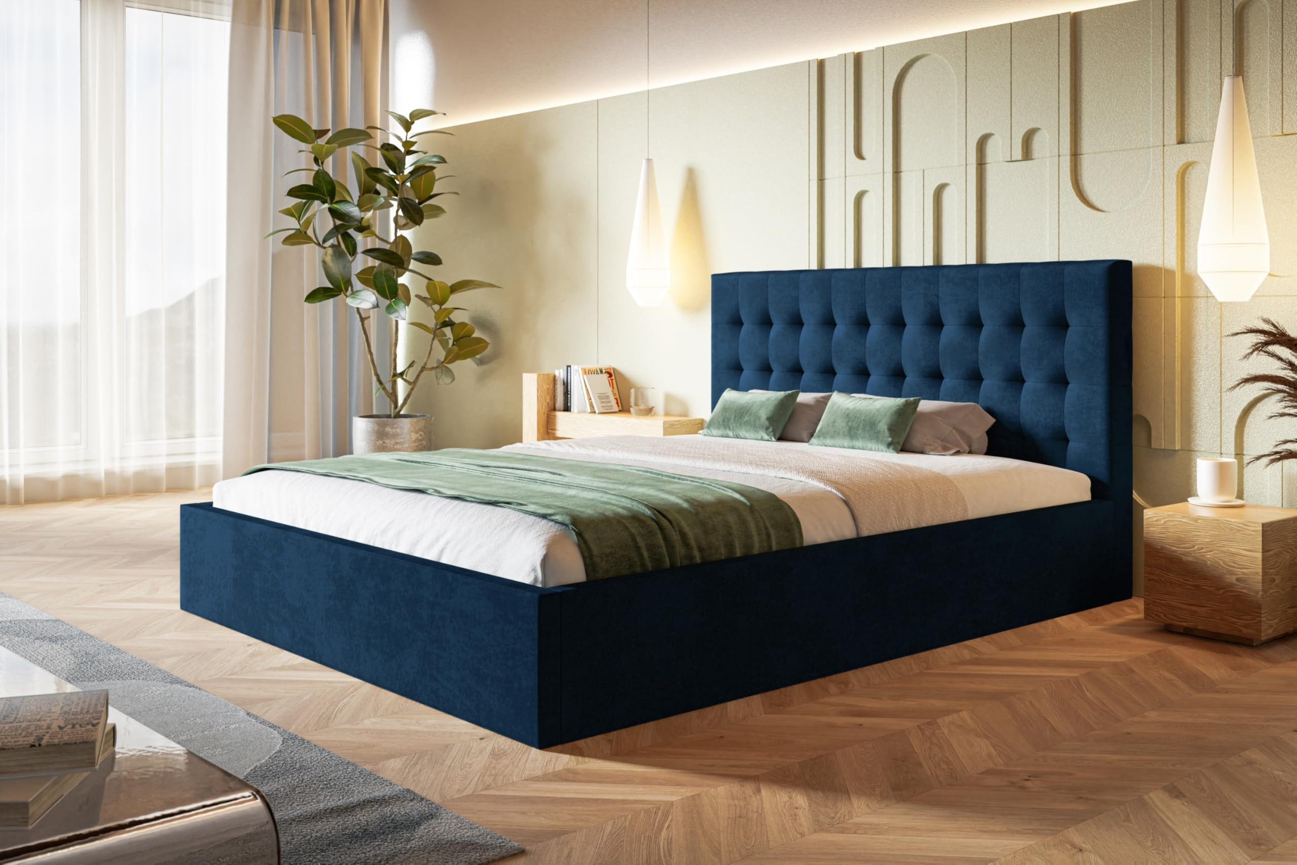 BETT 90x200 - Polsterbett mit Bettkasten und Holzrahmen - Modern Betten - Glatter Kronos-Stoff - Kollektion Rio, Blau - Blau, Holz/Textil (90/200cm) - Alpi-Möbel