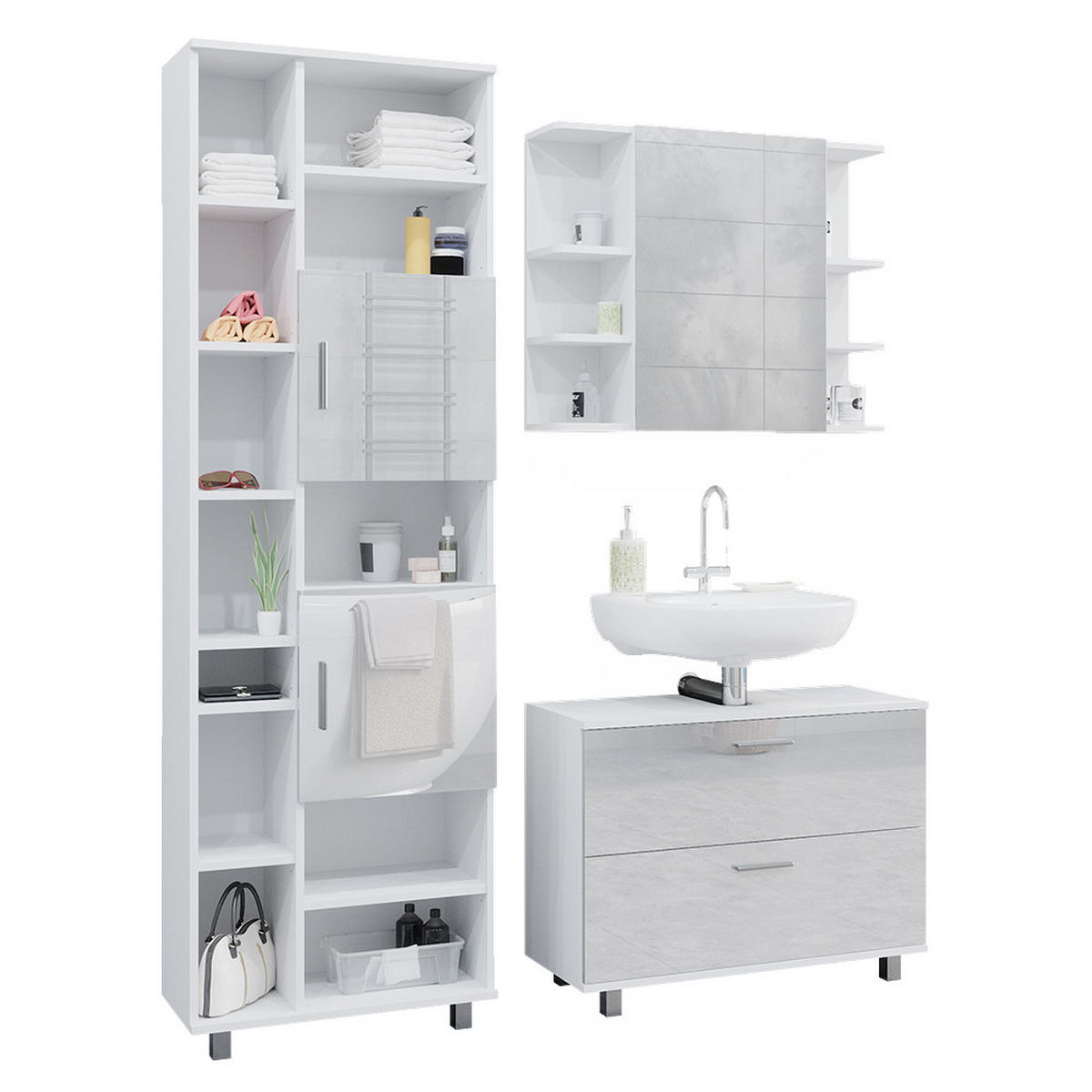 BADMÖBEL-SET Ilias Weiß Hochglanz 3 Teile, mit Hochschrank - Weiß Hochglanz, Holzwerkstoff (80.2/60.8/33cm) - Vicco