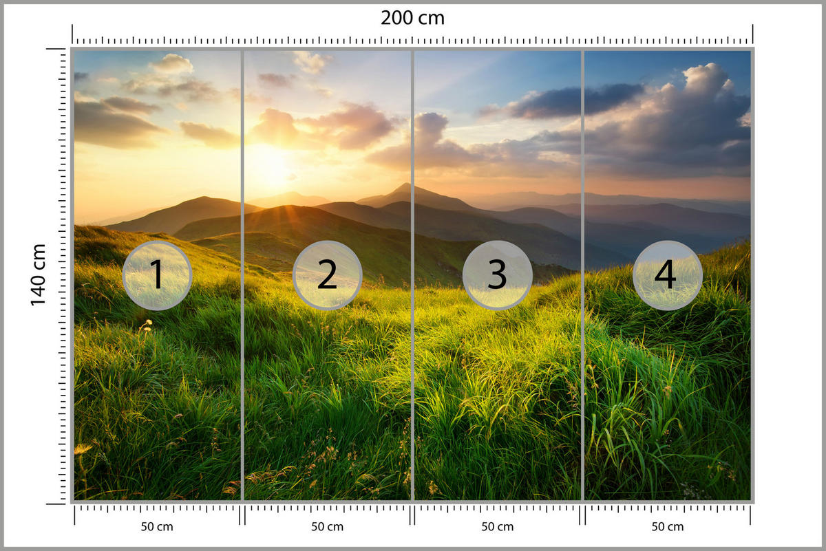 FOTOTAPETE für Wohnzimmer Sonnenuntergang Berge Wiese Gras 200x140 - Gelb/Beige, Papier (200/140cm) - Muralo