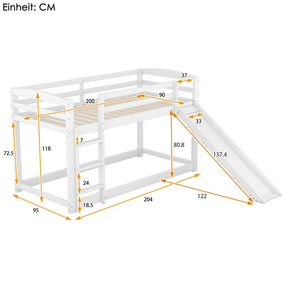 ETAGENBETT, 90x200 cm, mit Rutsche, Geländer und Leiter, Weiß - Grau, Holz (90/200cm) - OKWISH