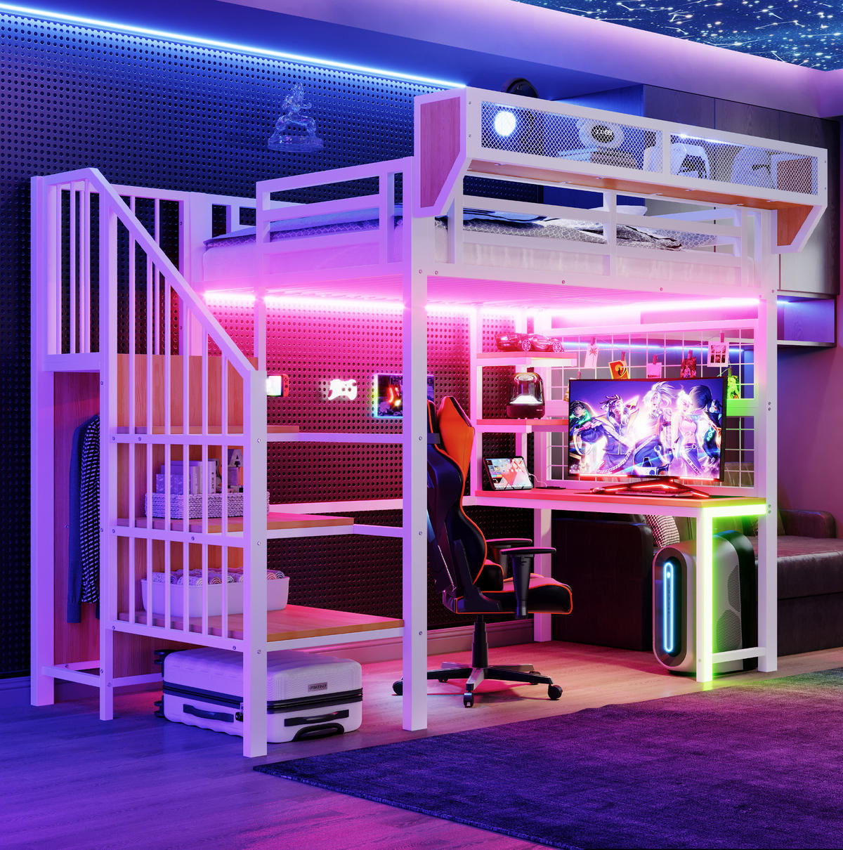 HOCHBETT aus Metall und MDF 90x200 cm Weiß mit Schreibtisch, Regal, LED-Beleuchtung und Steckdosen - Weiß, Metall (90/200cm) - Modfu