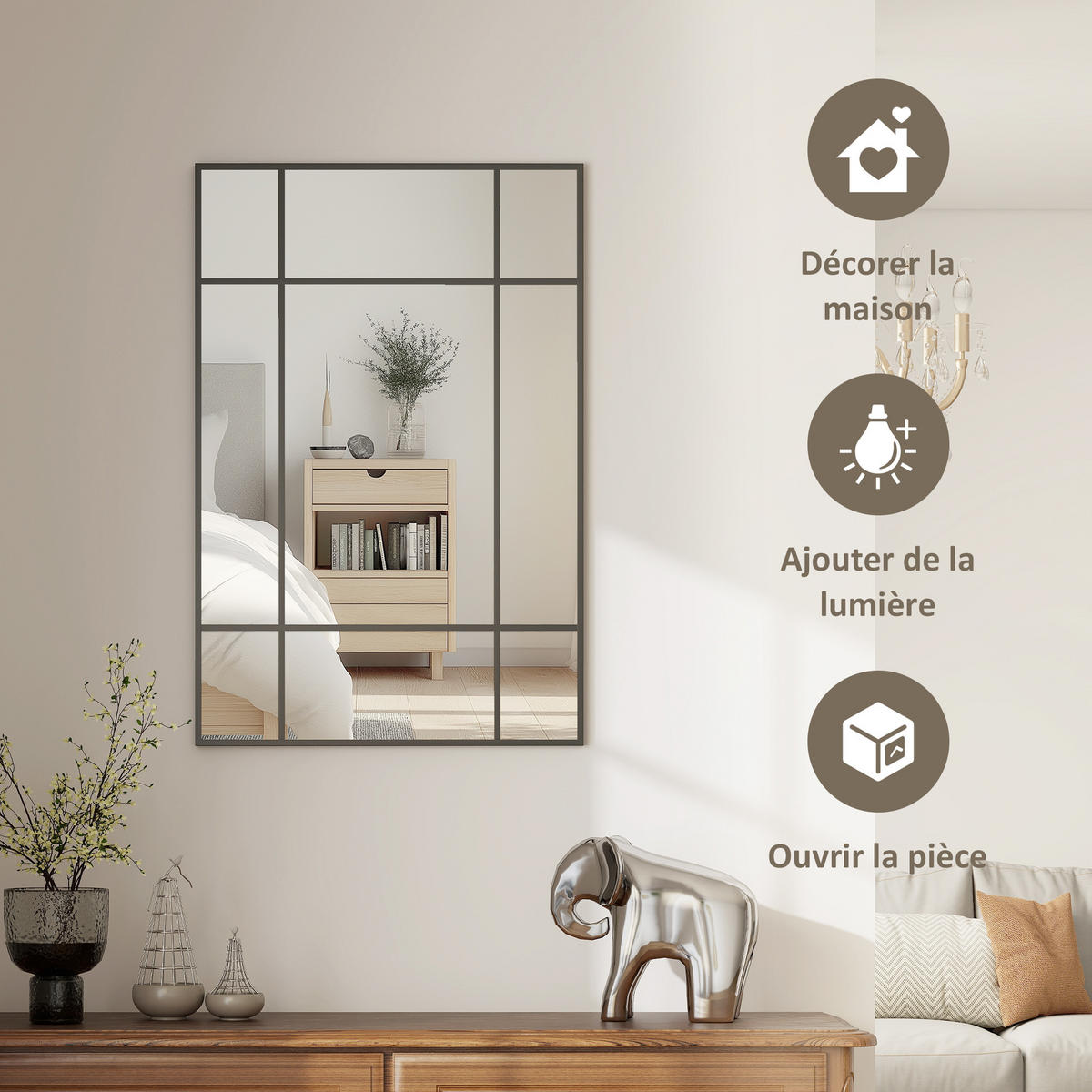 WANDSPIEGEL DE-14347 Fensterstil mit 4 Haken Schwarz - Schwarz, Glas (90/60/2cm) - ComfortXL