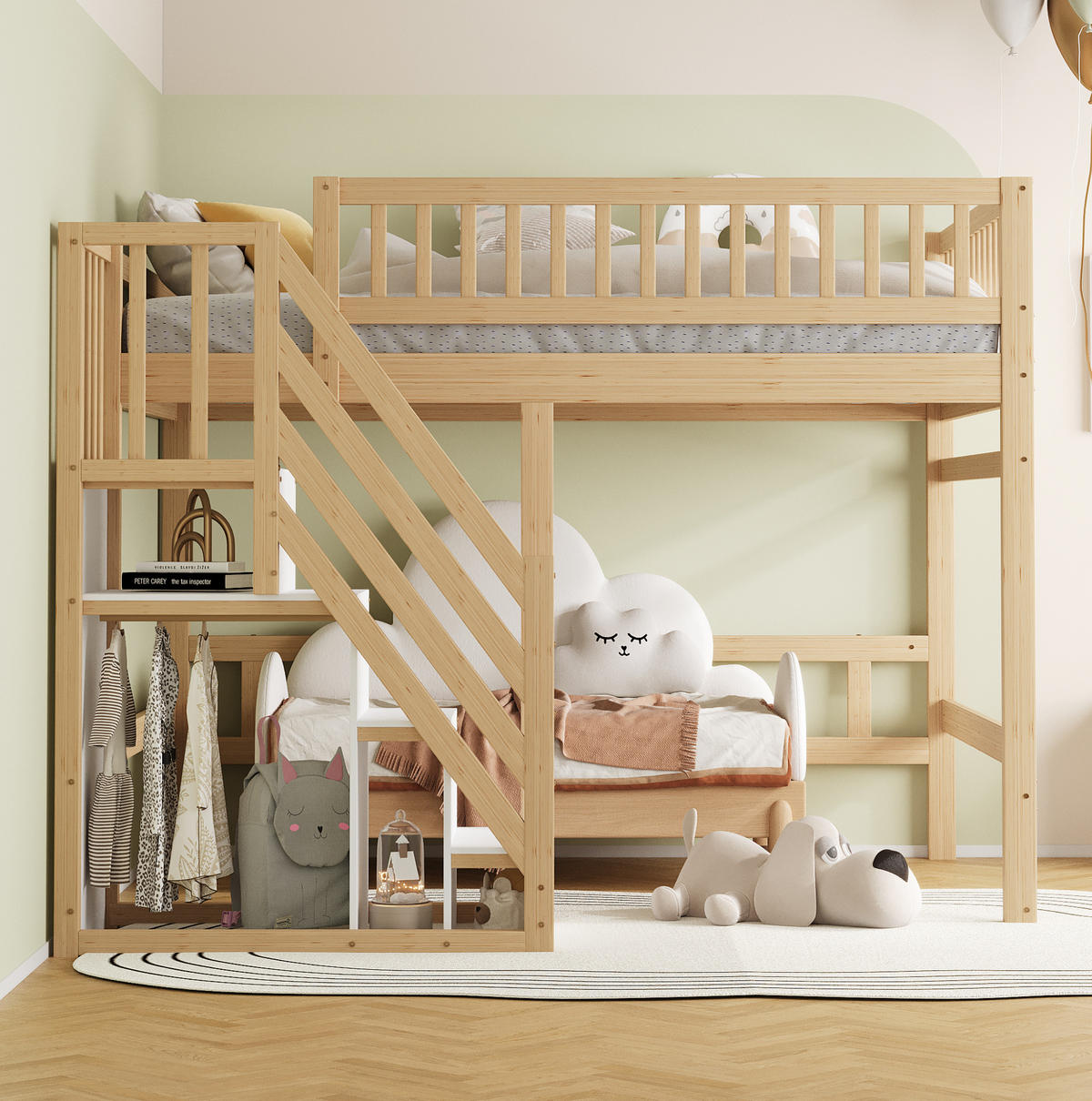 HOCHBETT 140/200 cm aus Holzwerkstoff mit Aufbewahrungstreppe und hohem Geländer, Natur - Naturfarben, Holzwerkstoff (140/200cm) - Redom