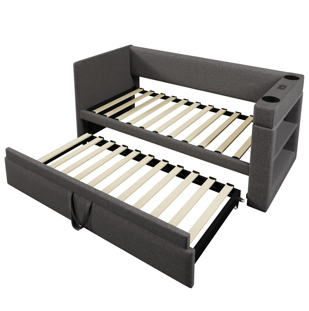 POLSTERBETT 90/190 cm Grau mit Ausziehbett und USB- & Type-C-Anschlüssen - Grau, Textil (90/190cm) - OKWISH