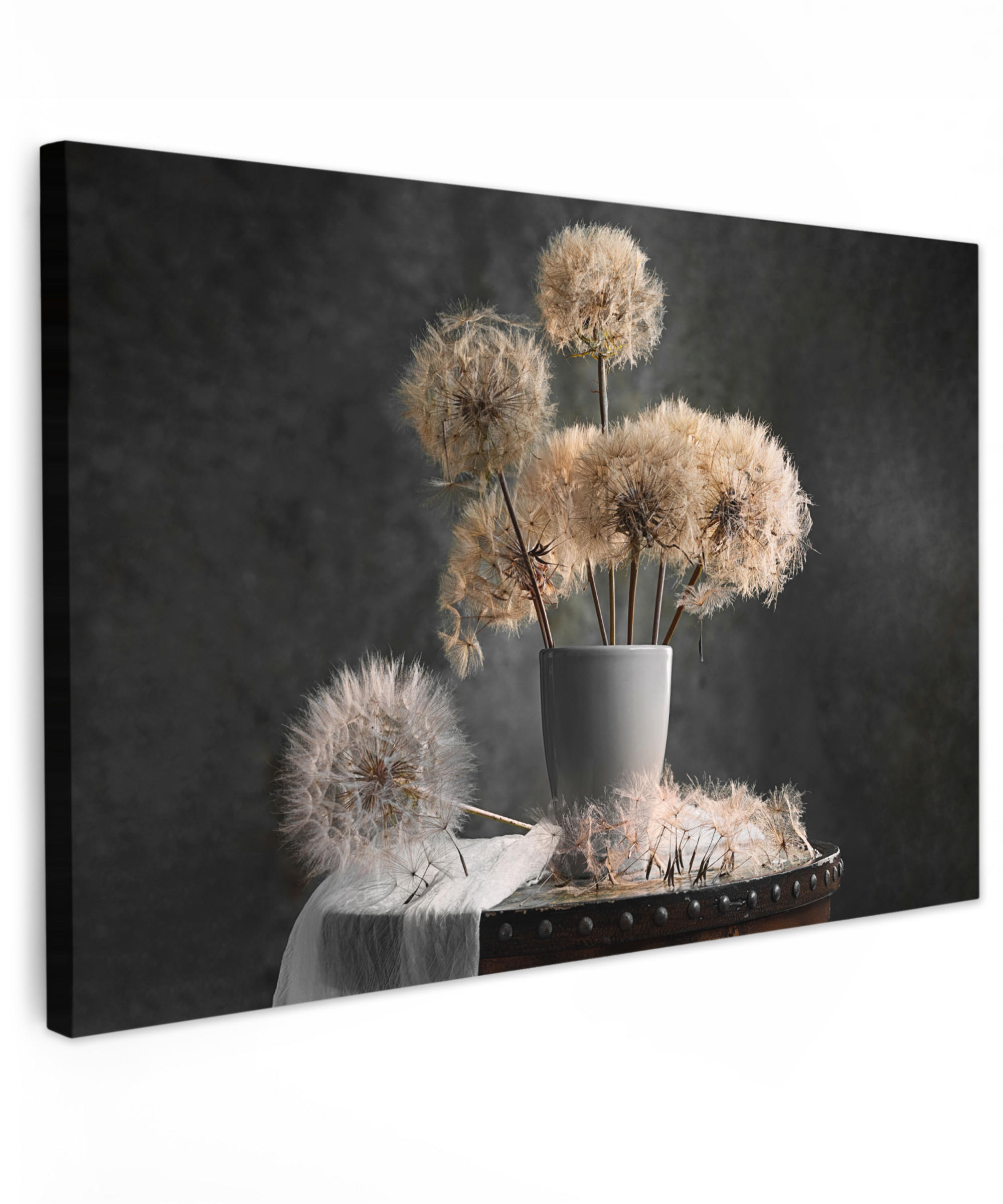 LEINWANDBILD Blumensamen - Löwenzahn - Vase - Stilleben - Blumenstrauß XXL 150x100 cm - Dunkelgrau, Textil (150/100cm) - MuchoWow
