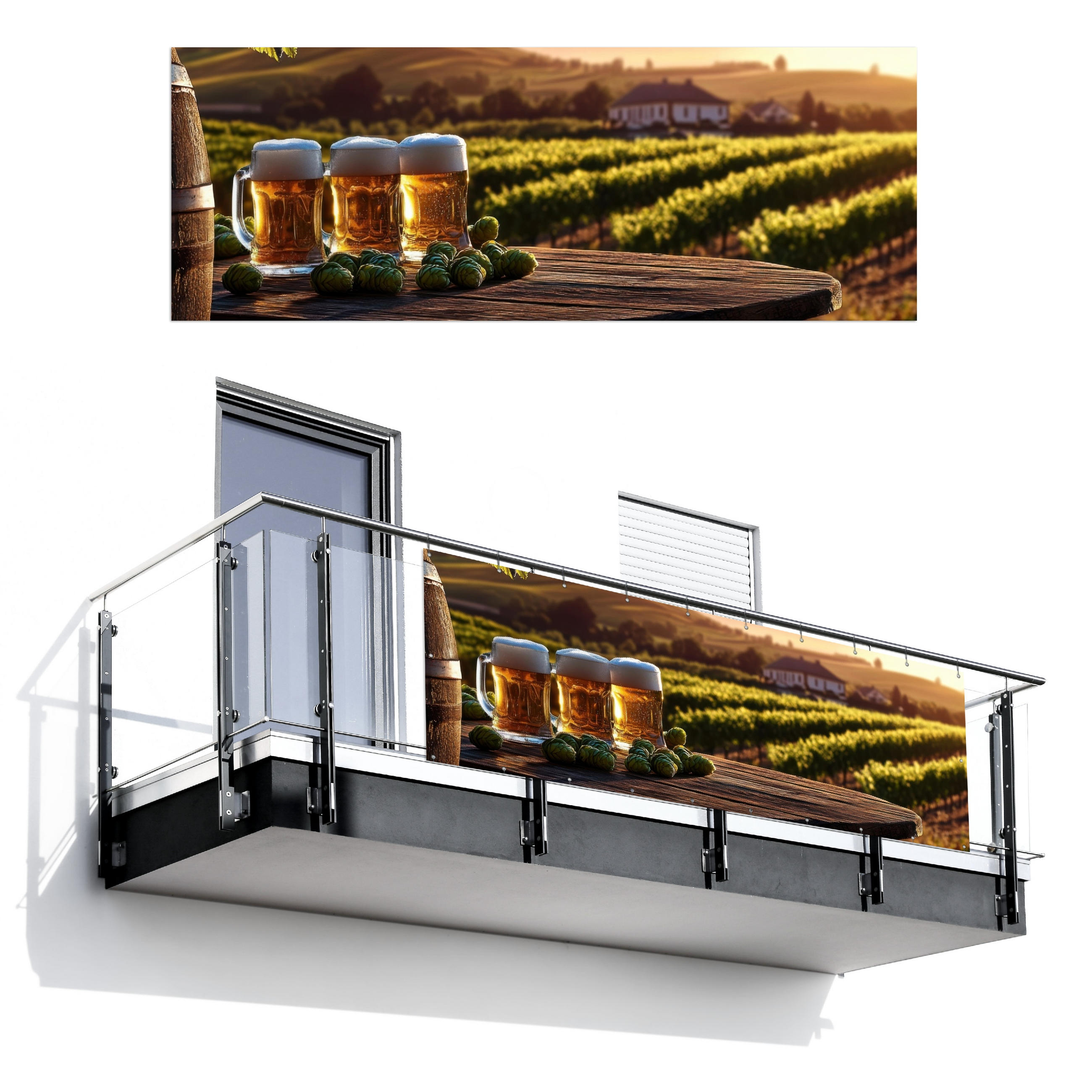 BALKON-SICHTSCHUTZ Bier - Hopfen - Landschaft - Grün, Kunststoff (300/110cm) - MuchoWow