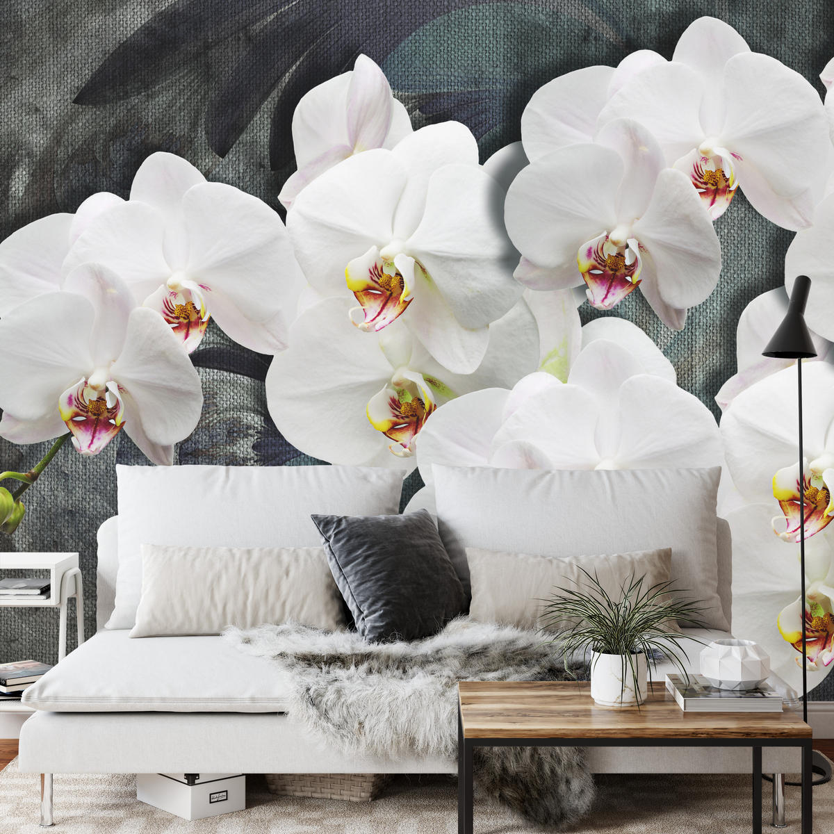 FOTOTAPETA Pre Spálňu Biele Orchidey Rustikálne Pozadie Florálna 300 x 210 cm - sivá/biela, papier (300/210cm) - Muralo