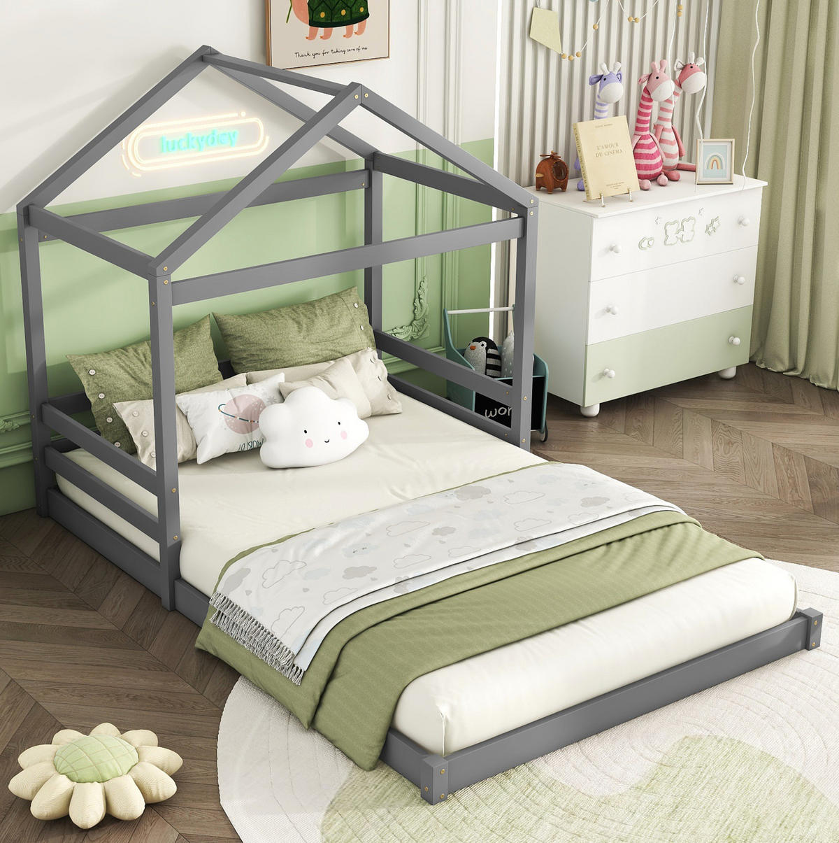 HAUSBETT aus Kiefernholz und MDF 140x200 cm Grau mit Lattenrost in Hausform - Grau, Holzwerkstoff (140/200cm) - Modfu