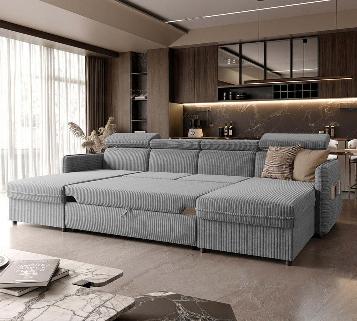 WOHNLANDSCHAFT BENI mit Schlaffunktion und Bettkasten Hellgrau - Hellgrau/Schwarz, Kunststoff/Textil (286/60/166cm) - Idohome