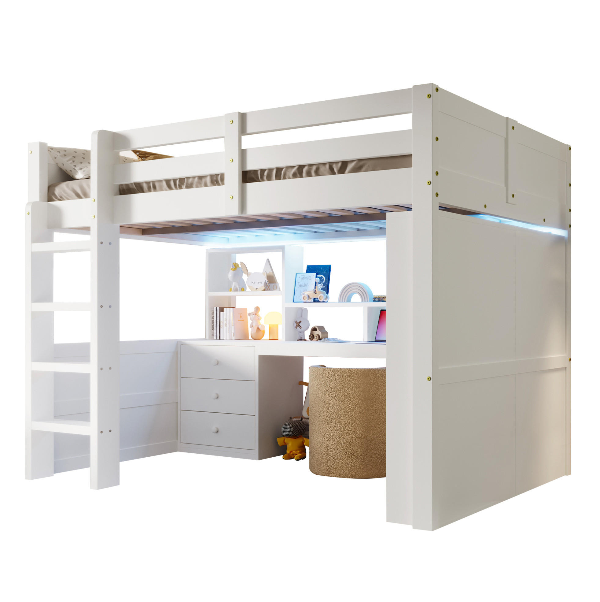 HOCHBETT 140/200 cm aus Kiefer mit LED-Beleuchtung Schreibtisch und Stauraum Weiß - Weiß, Holzwerkstoff (140/200cm) - Modenvie