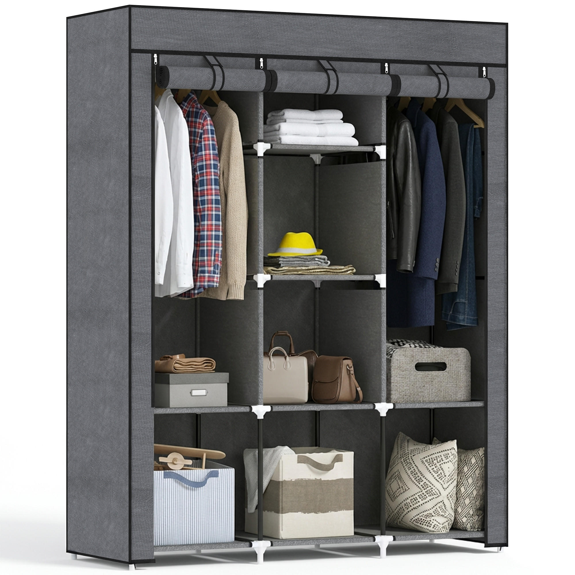 STOFFSCHRANK mit 8 Regalen und 2 Kleiderstangen, faltbarer Kleiderschrank als Aufbewahrungslösung, Dunkelgrau - Dunkelgrau, Metall (125/162.5/43cm)