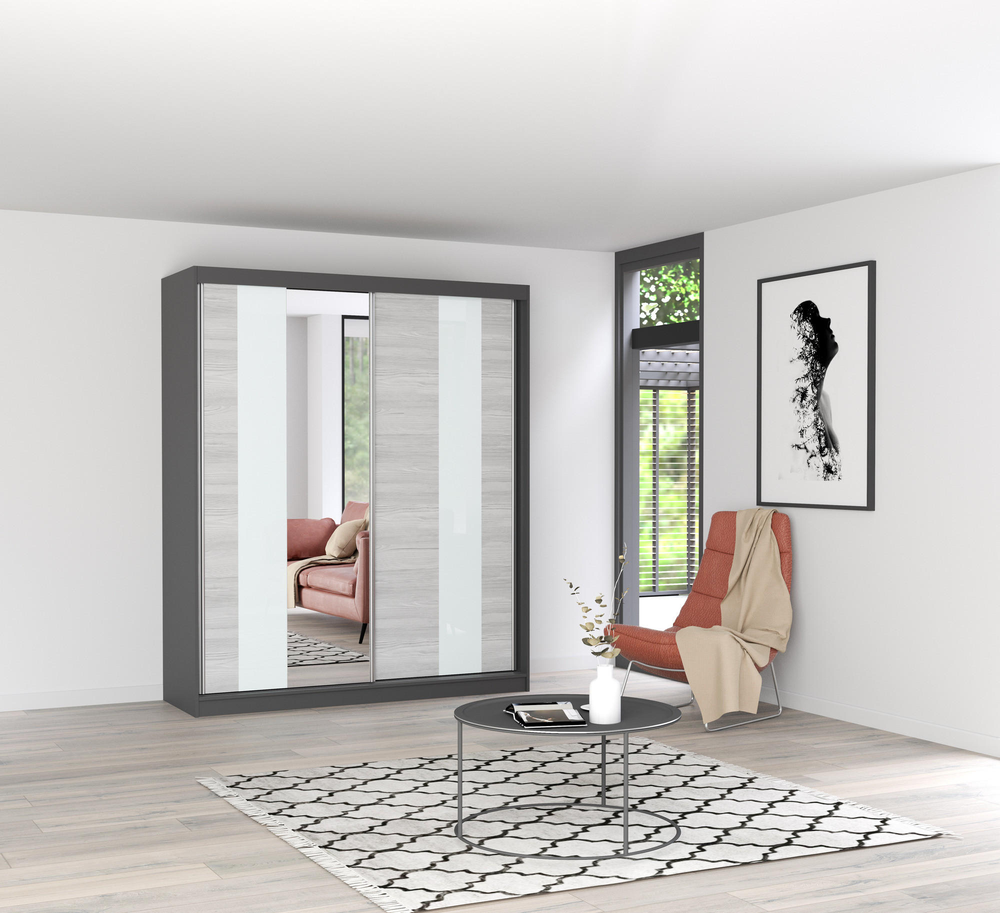 SCHWEBETÜRENSCHRANK MULTI 32 Sonoma Eiche/Kathult Weiß, ohne LED Beleuchtung 203 cm - Alufarben/Graphitfarben, Glas/Holzwerkstoff (183/218/61cm) - imoebel24