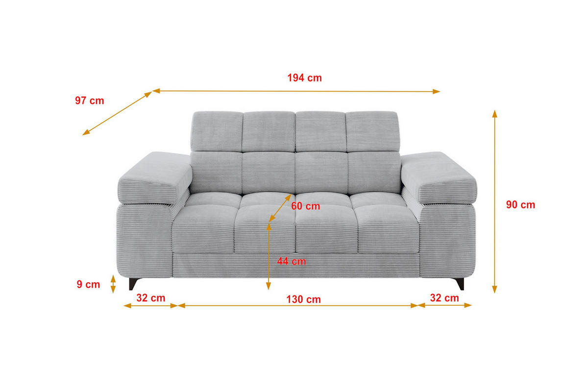 SOFA 2-Sitzer LORD-S1 194x97x90 cm Grau Cord - Grau, Holzwerkstoff/Textil (194/90/97cm) - ALTDECOR