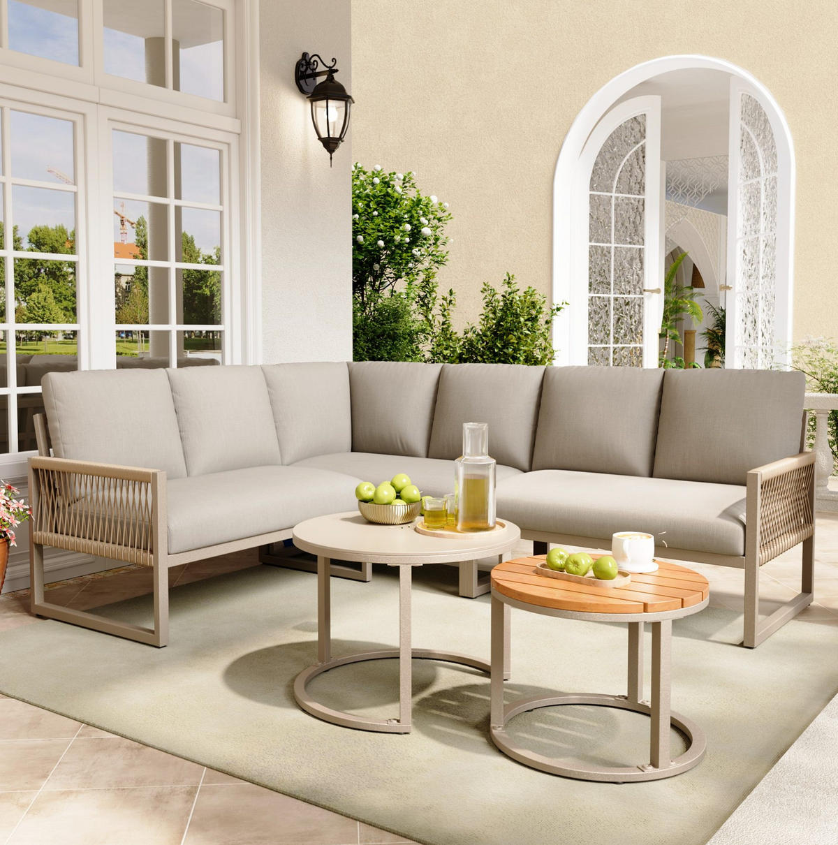 GARTEN-LOUNGE-SET 123/68/86 cm mit 2 Tischen, verzinktem Metallgestell und Kissen, Beige - Beige, Metall - Redom