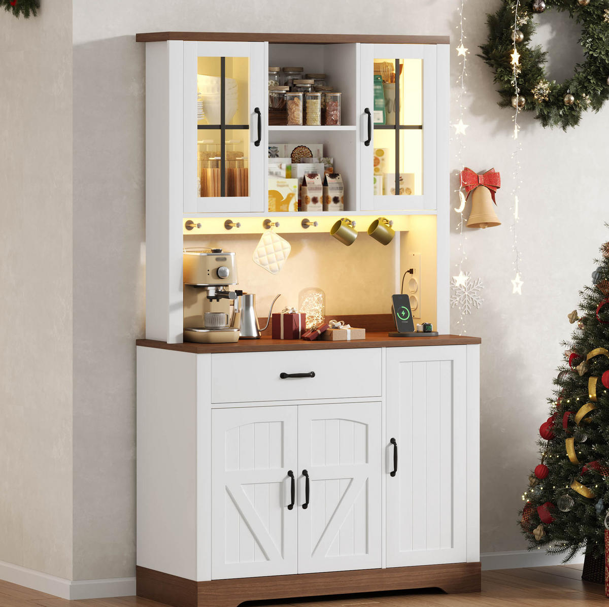 BUFFETSCHRANK 105/40/185 cm natur/weiß aus MDF mit LED - Naturfarben, Holzwerkstoff (105/185/40cm) - OKWISH