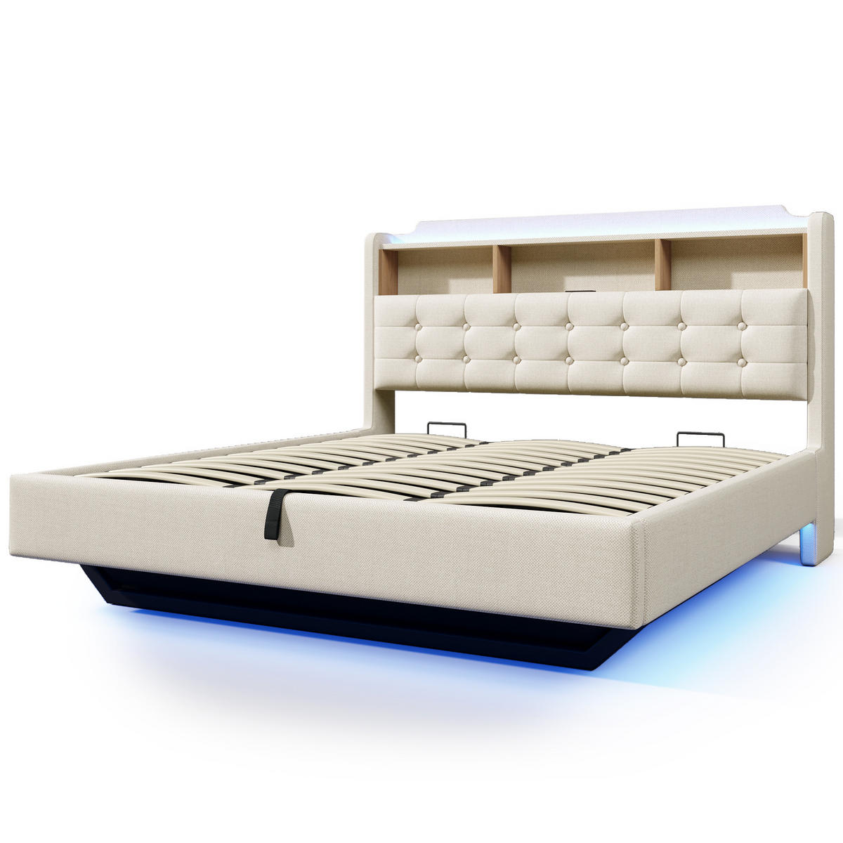 POLSTERBETT 180/200 cm in Beige mit LED, USB, Type-C und Stauraum aus Leinen und MDF - Beige, Holzwerkstoff/Textil (180/200cm) - STILVORA