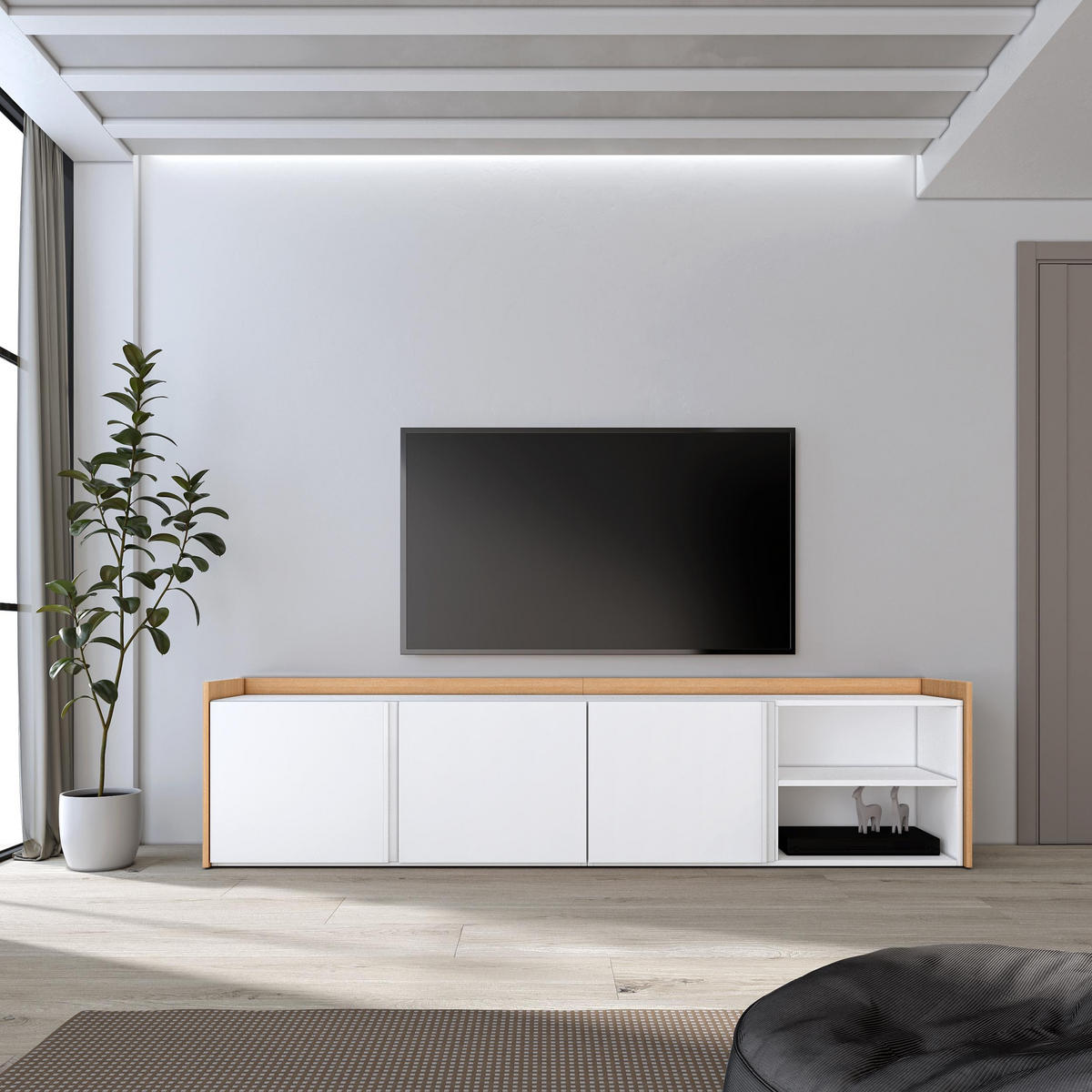 LOWBOARD, Weiß und Eiche, 207/35/50cm - Weiß, Holzwerkstoff (207/50/35cm) - Skraut Home