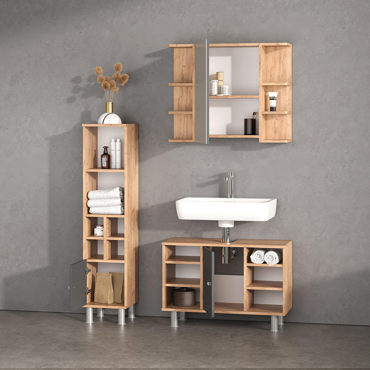 BADMÖBEL-SET Fucino Goldkraft Eiche 2 Teile, Unterschrank 80 cm - Anthrazit/Eiche Wotan, Holzwerkstoff (80/64/32cm) - Livinity®