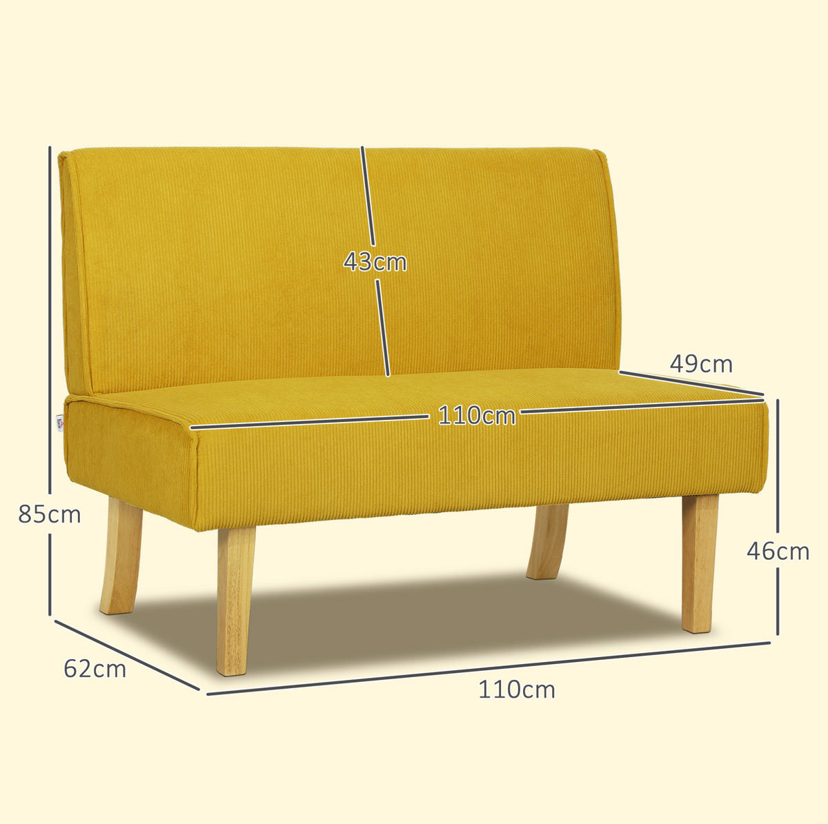 2-SITZER Sofa Cord-Optik Polyester Massivholzrahmen, Holzbeine 110/62/85 cm Gelb - Gelb, Textil (62/85/110cm) - Redom
