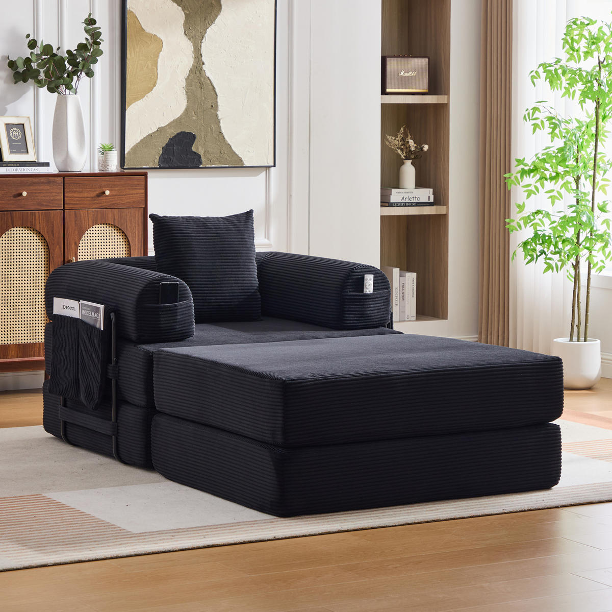 SOFA modular mit Hocker 112x190 cm Cord Black - Schwarz, Kunststoff (190/67/112cm) - Meubliv