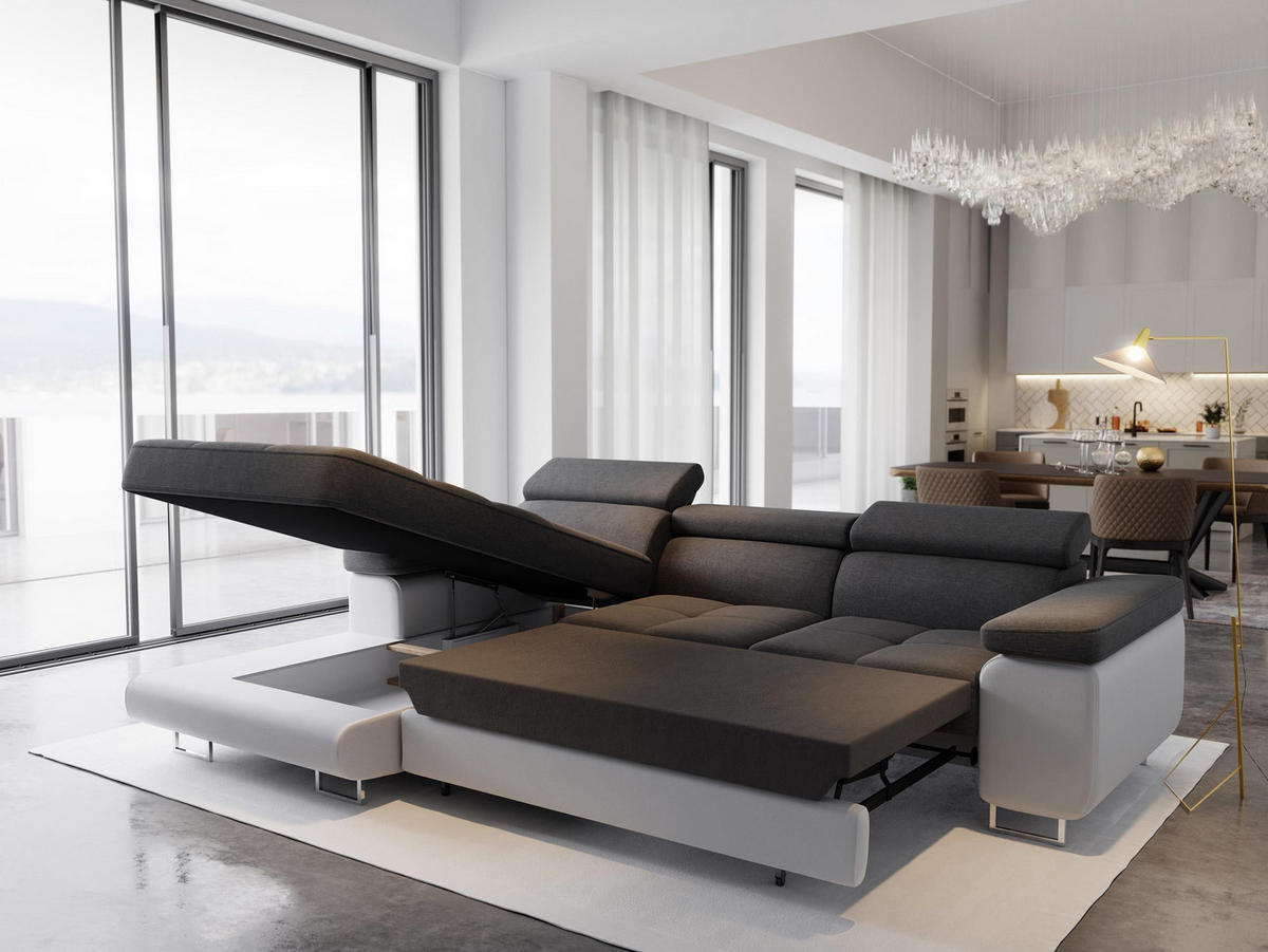 ECKSOFA ELMA L-S Grau Velours-Stoff mit Schlaffunktion - Grau, Holz (280/205cm) - MASSENO