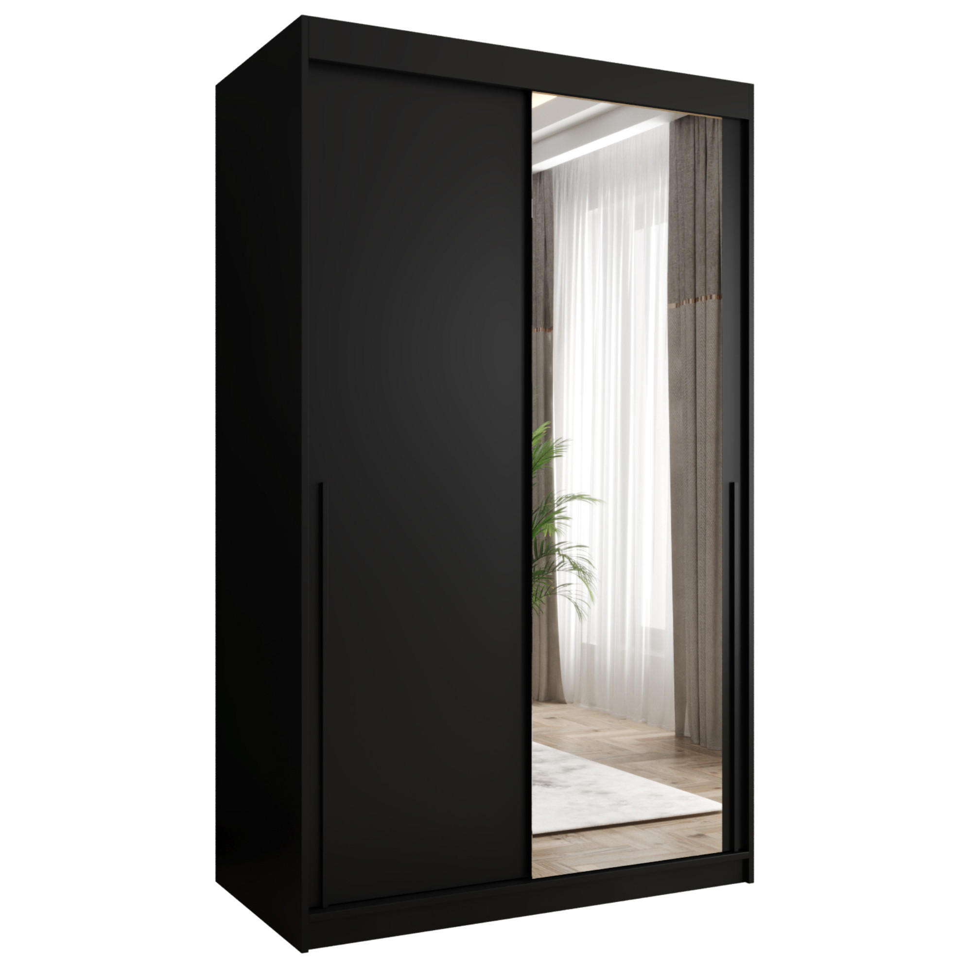 SCHIEBETÜRENSCHRANK mit Spiegel 120 cm Breite, schwarz mit schwarzem Griff - Schwarz, Holzwerkstoff (120/200/62cm) - Home Collective