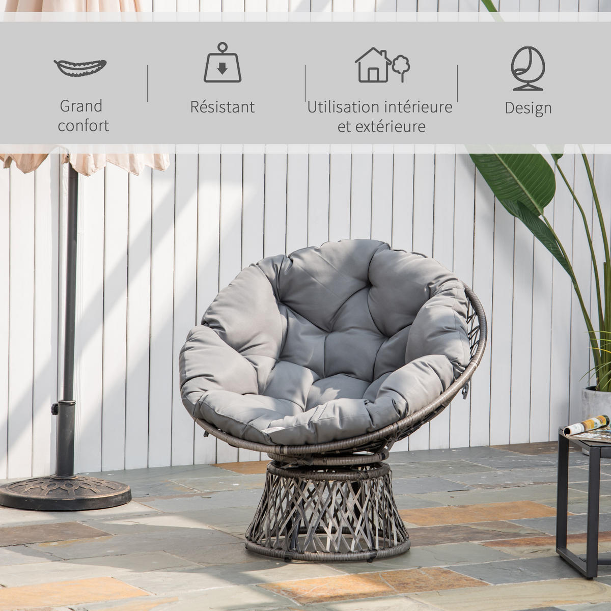 GARTEN-RELAXSESSEL DE-13563 360° drehbar, geflochtene Resine Grau - Grau, Metall (97/86/87cm) - ComfortXL