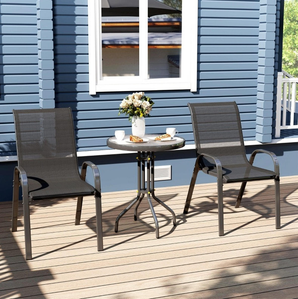 GARTENSETS aus Glas & Metall Ø60x71cm Schwarz mit stapelbaren Stühlen - Schwarz, Metall - Modfu