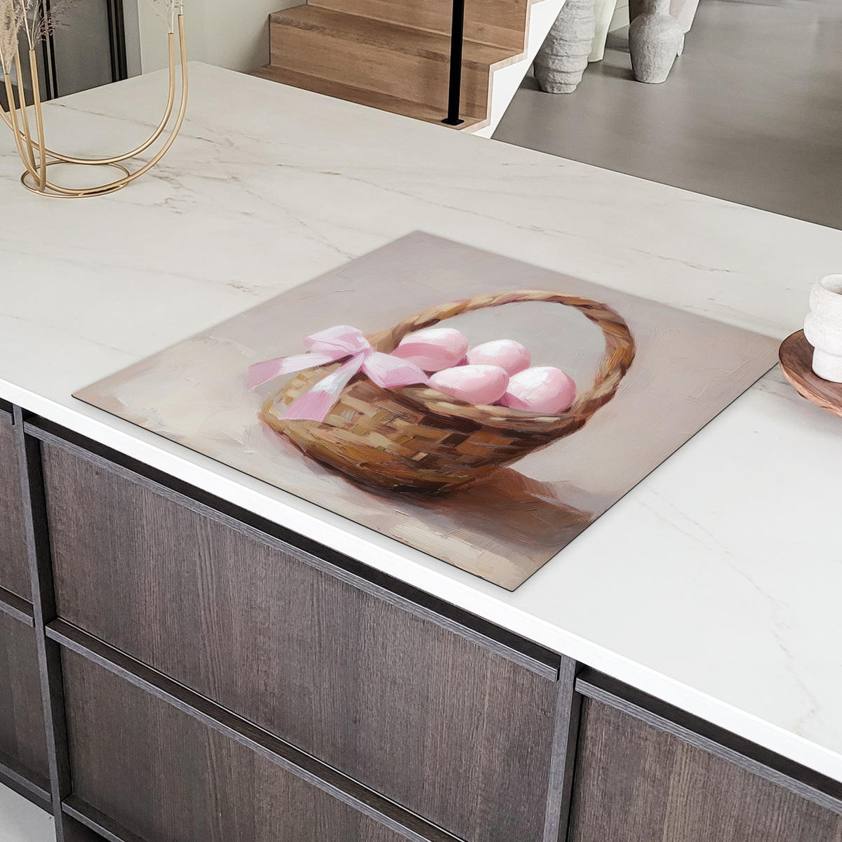 HERDABDECKPLATTE Korb - Eier - Rosa Induktionsmatte 78x78 cm - Beige, Kunststoff (78/78/0.2cm) - MuchoWow