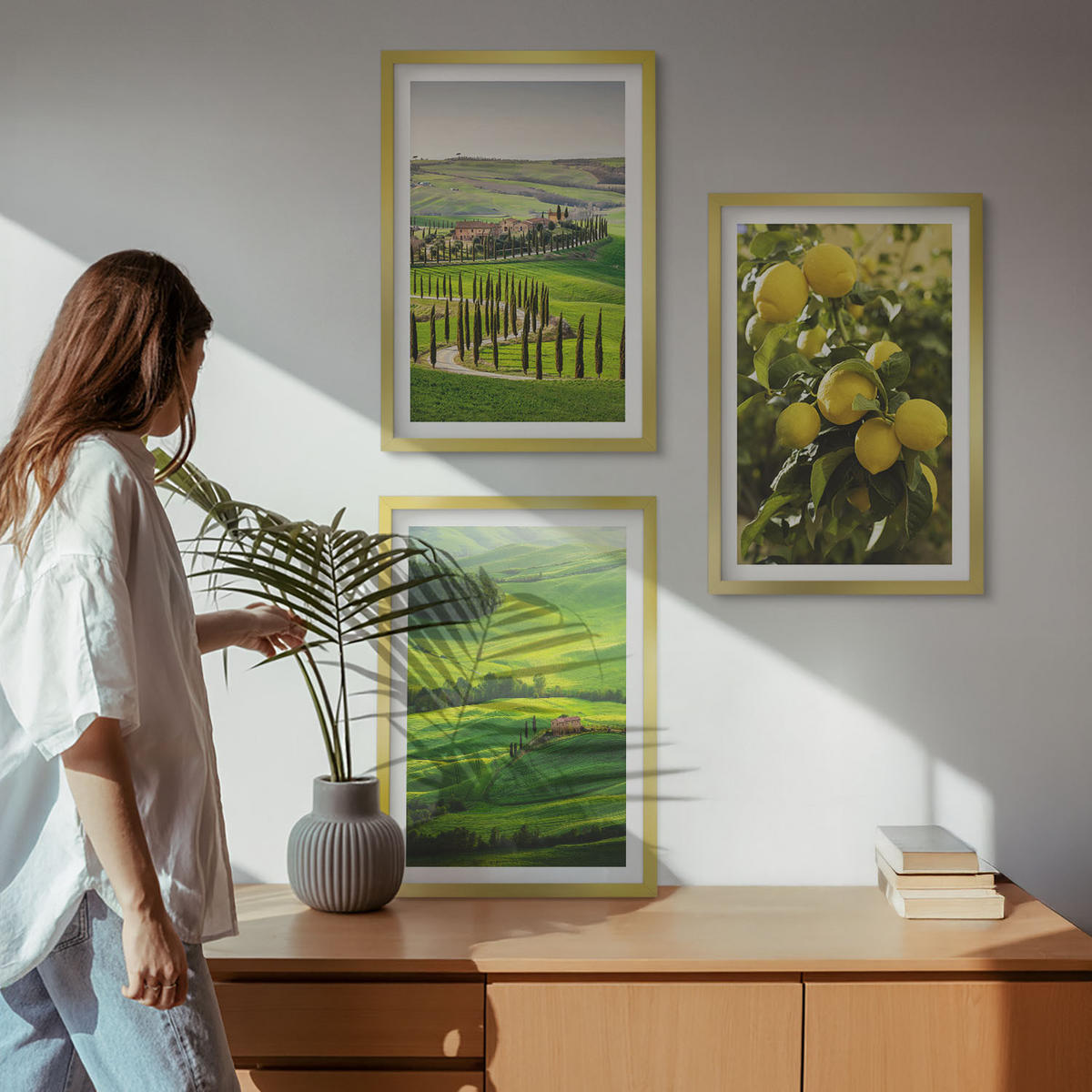BILDER SET 3er Set - 40x60 cm Goldrahmen - Italienische Zitrusfrüchte und Hügel - Goldfarben, Kunststoff (40/60cm) - TULUP
