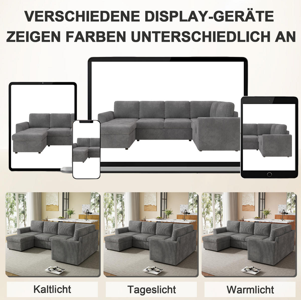 WOHNLANDSCHAFT aus cord 282x153x85 cm in Grau mit Stauraumhocker & Schlaffunktion - Grau, Textil (153/85/282cm) - Modfu