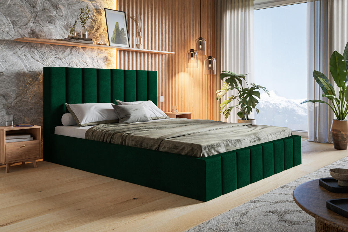 POLSTERBETT 160x200 Moris mit Kopfteil, Bettkasten Lattenrost, Grün - Grün, Holz/Textil (160/200cm) - Emporius