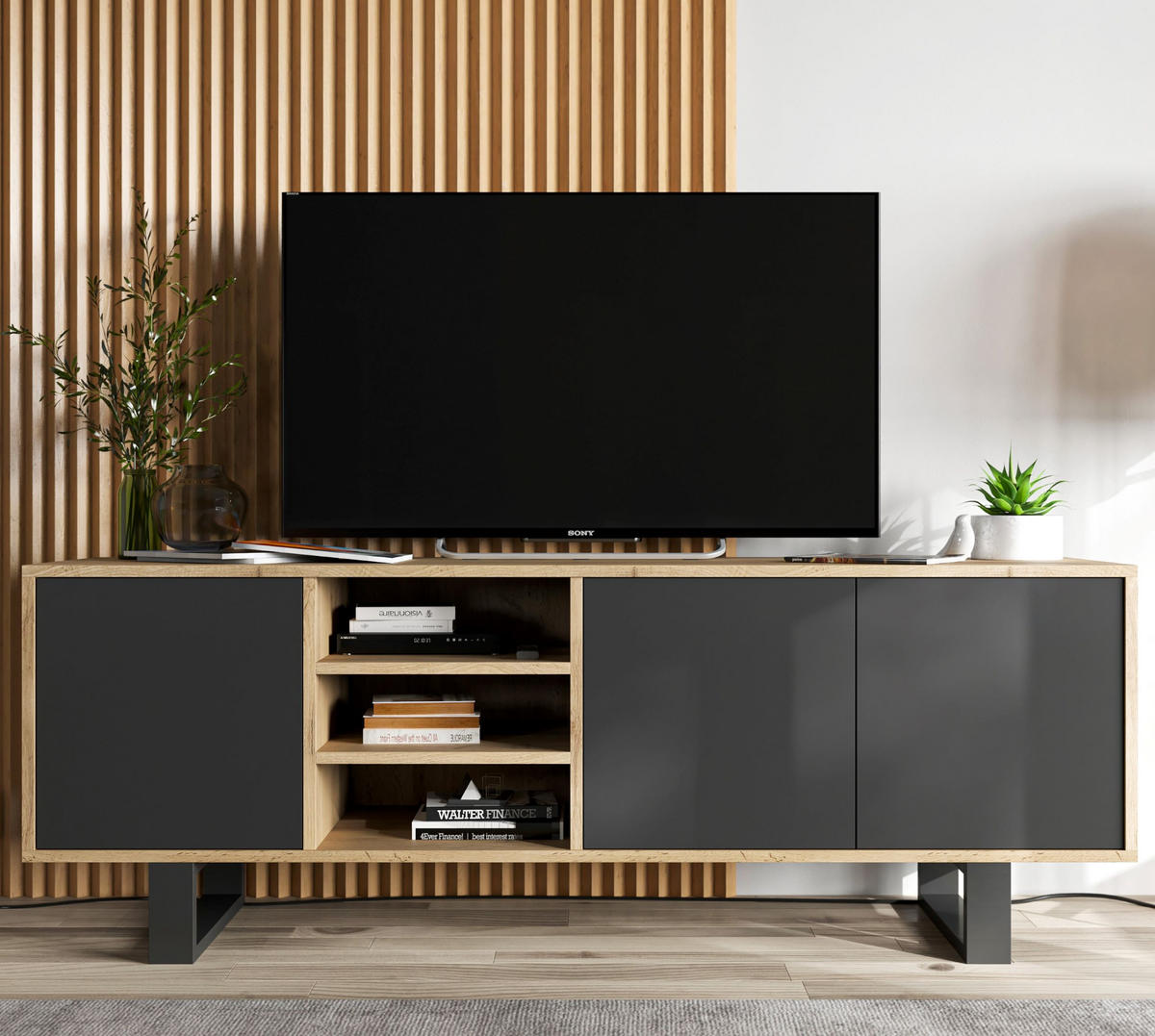TV-LOWBOARD Apollo Eiche wotan Schwarz Matt mit Metallbeinen 150 cm - Schwarz, Holzwerkstoff/Metall (150/53/35cm) - Meble Lindner